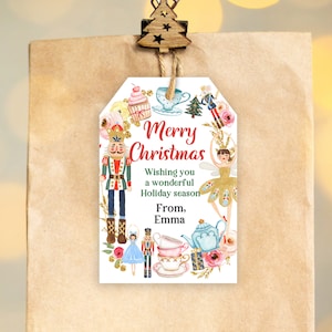 Etiquetas de presente quebra-nozes Etiquetas de Natal Etiqueta de lembrança de feriado Etiqueta de presente de balé de dança de fada Sugar Plum editável Baixar etiqueta para impressão Chr16