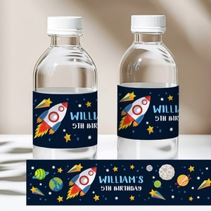 Bouteille d'eau espace extra-atmosphérique étiquette autocollant fusée anniversaire faveur déco astronaute emballage galaxie téléchargement modifiable imprimable Bir73
