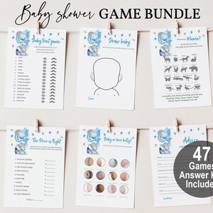 May include: A set of 7 printable baby shower game cards with a blue and gray color scheme. The cards feature a watercolor illustration of a baby elephant with stars and moons. The games include "Baby Trait Game", "Draw Baby", "Mama?", "The Price is Right", "Baby or Beer Belly?", "Advice for the New Mom", and "47 Games Answer Key Included".