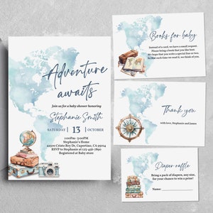 Abenteuer erwartet Babyparty Einladung Set bearbeitbar Reise Babyparty einladen Pack Weltkarte einladen Koffer Globus Neutral Printable Bab266