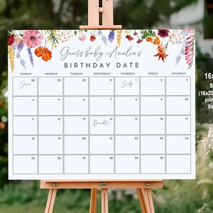 Modèle de calendrier pour bébé en fleurs Devinez l'anniversaire Fleurs sauvages jeu de baby shower modifiable imprimable Boho rose floral printemps Bab260