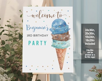 May include: Welcome to Benjamin's 3rd Birthday Party sign featuring a watercolor illustration of a three-scoop ice cream cone with sprinkles. The sign is available in sizes 24x36 inches, 20x30 inches, 18x24 inches, and 16x20 inches.