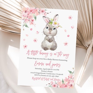 Bunny Baby Shower Invitation A little Bunny is on the way Invite Easter Party Girl Spring Party Sakura Floral Rabbit Editable Download Eaba3