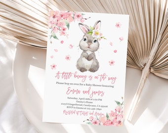 Bunny Baby Shower Invitation: Floral Sakura Spring Rabbit Design