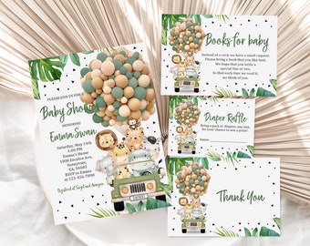 May include: A baby shower invitation with a jungle theme. The invitation features a green jeep with a group of safari animals riding on top. The jeep is surrounded by green and beige balloons. The text on the invitation reads "Please join us for a Baby Shower honoring Emma Swan".
