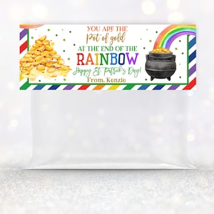 St. Patrick's Day-traktatietastoppers Pot met goud Rainbow Label St. Patrick's Classroom-traktaties Kids School Bewerkbare afdrukbare Download Spl2