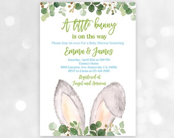 Bunny Baby Shower Invitation, Spring Greenery Blue (Editable Download)