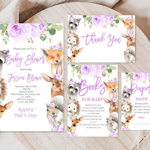 Wald Baby Dusche Einladung set Waldtier Party Pack Mädchen Deer Kaninchen Fuchs Druckbare Lila Blumen Digital Bearbeitbare Download Bab149