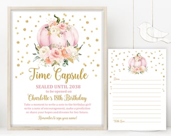 Może przedstawiać: Drukowana karta kapsuły czasu z różową dynią i wzorem kwiatowym. Na karcie widnieje napis "Time Capsule Sealed Until 2038 to be opened on Charlotte's 18th Birthday".