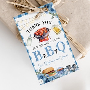 Étiquettes Baby Q pour cadeau de naissance, modifiables pour barbecue Étiquettes pour baby shower, Baby Q Shower pour couple Étiquette de remerciement pour baby shower, garçon bleu floral imprimable Bab286