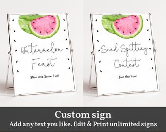 Könnte beinhalten: Zwei druckbare Schilder mit Wassermelonen-Motiv. Das erste Schild lautet "Wassermelonenfest" und das zweite Schild lautet "Kern-Spuck-Wettbewerb". Beide Schilder zeigen eine Aquarell-Illustration einer Wassermelonen-Scheibe.