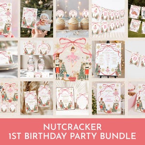 Peut inclure: Ensemble de fournitures de fête sur le thème de Casse-Noisette, comprenant des invitations, des décorations de cupcakes, des bannières et des panneaux. Les motifs présentent une ballerine, un soldat casse-noisette, un sapin de Noël et des boîtes cadeaux roses, rouges et vertes. Le texte "Nutcracker 1st Birthday Party Bundle" est affiché.