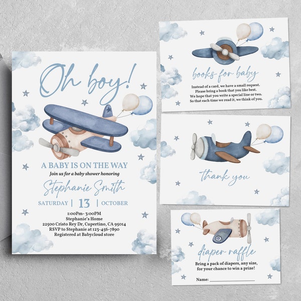 Blue Airplane Baby Shower Invitation Set Editable Travel Baby Shower Invite Pack Oh boy Invite Printable Cloud Star Sky Blue Airplane Bab248