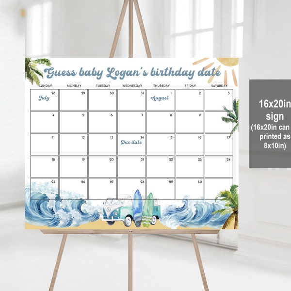 Editable Baby on Board Surfing Baby Due Date Calendar Game Sign Surf Guess Baby's birthday Beach Pool Party Baby Prediction Printable Bab187