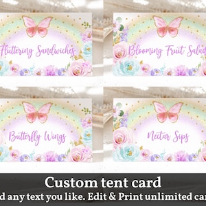 Tarjeta de carpa de comida con forma de mariposa, tarjetas de lugar, etiquetas de comida, decoración para baby shower de niña, arcoíris dorado, floral, editable, imprimible, descarga Bir273