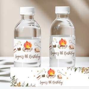 Etiqueta de garrafa de água de aniversário S'more editável Etiqueta de água de fogueira de outono Adesivos de garrafa de acampamento Boho rústico Smores para impressão Download Bir18