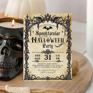 May include: A rectangular Halloween party invitation on aged parchment paper with a black gothic arch frame, bat and skull motifs, and spiderwebs. The text reads: Join us if you dare for a Spooktacular Halloween Party, Sat Oct 31, 6:00 PM, hosted by Adams Family.