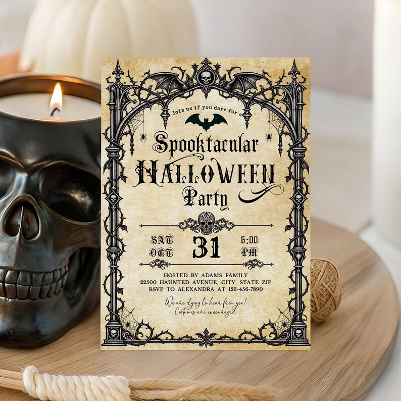 May include: A rectangular Halloween party invitation on aged parchment paper with a black gothic arch frame, bat and skull motifs, and spiderwebs. The text reads: Join us if you dare for a Spooktacular Halloween Party, Sat Oct 31, 6:00 PM, hosted by Adams Family.