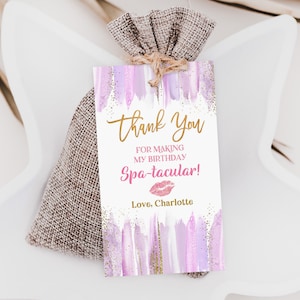 Spa Birthday Party Favor Tags Spa Geschenkanhänger Mädchen Spa Goodie Bag Tag Danke Etikett Lila Pink Gold Bearbeitbare Druckbare Download Bir361