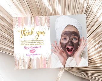 Spa birthday Photo thank you card Makeup Party Thank you note Spa Sleepover Glam Party Gold Beige Pink Editable Printable Download Bir309