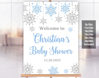 Winter baby shower welcome sign Snowflake Poster Boy Baby Shower Decor Printable EDITABLE Download Blue Silver Snowflake Bab17
