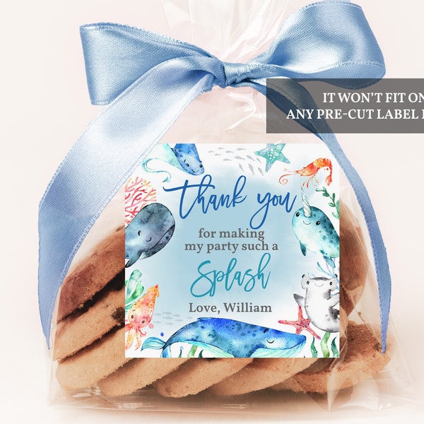 Sea Birthday Favor Label Sea Sticker decor Ocean thank you tag Sea Animals Square Editable Printable Download Bir306