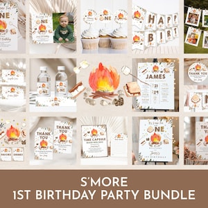 S&#39;more 1st Birthday Invitation Bundle S&#39;more party Invite Package Editable Camping party Campfire Bonfire Smore Fun fall Printable Bir383