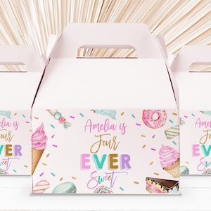 Étiquette de boîte à pignon de fête sucrée Four ever sweet Girl 4th Birthday Donut crème glacée Bonbons à pignon boîte faveur Étiquette modifiable imprimable à télécharger Bir339