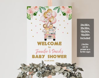 Safari Baby Shower Welcome Sign: Pink Blush Floral, Jungle Animals Bab211