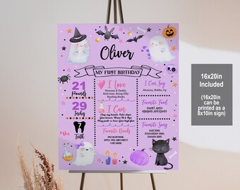 May include: A purple and black first birthday milestone poster with a ghost and a black cat illustration. The poster includes the child's name, Oliver, and details like weight, height, and favorite things. The poster is 16x20 inches and can be printed as an 8x10 inch sign.