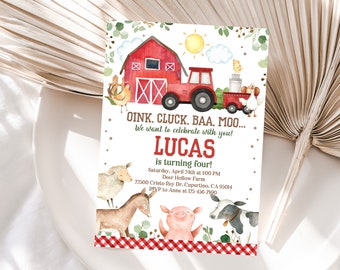 May include: A red barn with a red tractor and farm animals, including a sheep, a donkey, a pig, and a cow. The invitation reads "OINK. CLUCK. BAA. MOO... We want to celebrate with you! LUCAS is turning four! Saturday, April 24th at 1:00 PM Deer Hollow Farm 22500 Cristo Rey Dr. Cupertino, CA 95014 RSVP to Anne at 123-456-7590"
