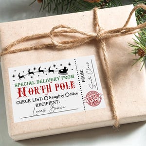 Entrega especial do Papai Noel, adesivos para presente de Natal, etiquetas para presente, etiquetas editáveis para entrega no Pólo Norte, etiquetas de Natal para impressão Cht74