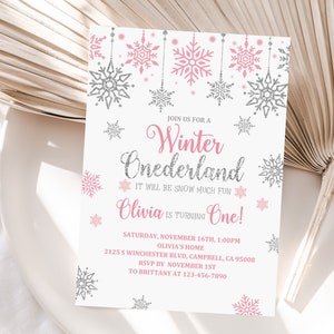 Winter Birthday Invitation Snowflake Party Invite Winter Onederland Pink Silver Snowflake 1st Girl Digital Printable Editable Download Bir8