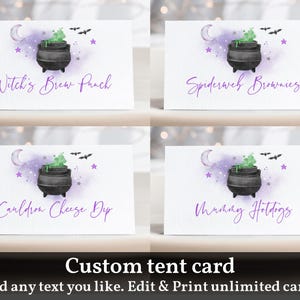 Un bambino sta fermentando cibo tenda carta Halloween Baby Sower etichetta alimentare viola segnaposto Hocus Pocus strega modificabile stampabile download Haba3