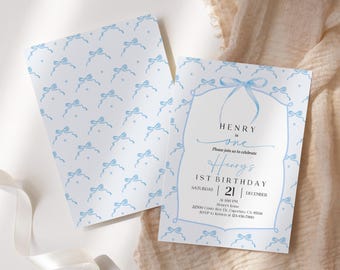 Birthday Invitation: Soft Pastel Blue Bow (Editable Printable) Bir451