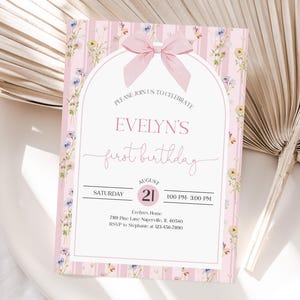 Pink Bow Birthday Invitation: Pastel Wildflower, Editable (Printable)