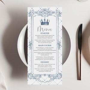 Prins Baby Shower Menu Royal Prince Menu Bewerkbare Crown Menu Template Royal Blue Silver Boy Party Decorations Afdrukbare menukaart Bab218