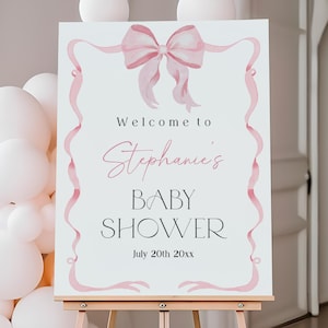 Pink Bow Baby Shower Welcome Sign Editable Pink Watercolor Ribbon Blush Pink Welcome Poster Printable Pink Bow Girl Sign Template Bab334