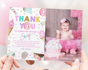 Sweet party thank you card Dessert thank you note Ice cream Donut Cupcake Candy Girl 1st Birthday Digital editable Printable Download Bir360