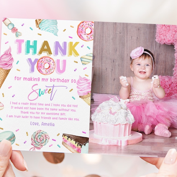 Sweet party thank you card Dessert thank you note Ice cream Donut Cupcake Candy Girl 1st Birthday Digital editable Printable Download Bir360