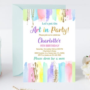 Art Birthday Party Invitation Painting Party Invite Canvas Craft Party Rainbow Pastel Colorful Crayon Brush Digital Editable Download Bir254