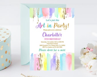 Art Birthday Party Invitation Painting Party Invite Canvas Craft Party Rainbow Pastel Colorful Crayon Brush Digital Editable Download Bir254