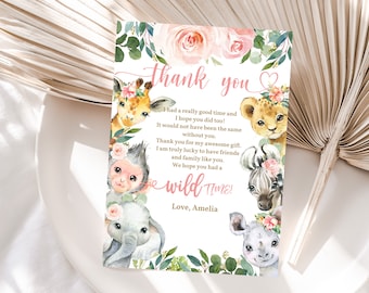 Safari Birthday Thank You Card, Pink Jungle Animals (Editable Printable Bir12)