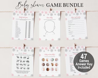 Winter baby shower game Bundle Pink Snowflake game set Pink silver Winter wonderland shower activity girl Editable Printable Digital Bab59