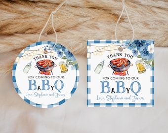 Etiquetas para recuerdos de baby shower con diseño floral azul y barbacoa (PDF editable e imprimible Bab286)