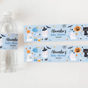 Étiquettes de bouteille d'eau de shower de bébé Halloween bleu fantôme Party Boy Halloween Party Boo effrayant mignon téléchargement numérique imprimable modifiable Haba5