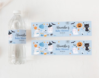 Etiketter för vattenflaskor: Blå spöke Halloween babyshower (redigerbar Haba5)