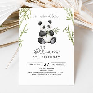 May include: A white birthday invitation card featuring a watercolor panda eating bamboo stalks. The text reads: Join us to celebrate, William's 3TH BIRTHDAY, SATURDAY 27 SEPTEMBER, 1:00 PM - 3:00 PM, William's Home, 5678 Forest Grove Road Sunnyvale, TX 75001.