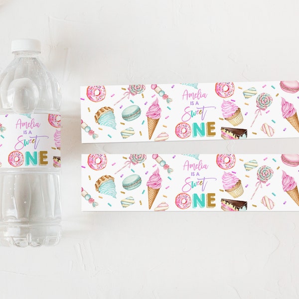 Sweet party water bottle label Sweet one Girl 1st Birthday Candy Cupcake Donut Pastel Sweet Water wrapper Editable Printable Download Bir360