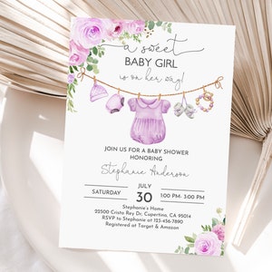 Girl Baby Clothes Baby shower Invitation A sweet baby Girl is on her way Laundry Purple Floral Boho baby Editable Printable Download Bab236